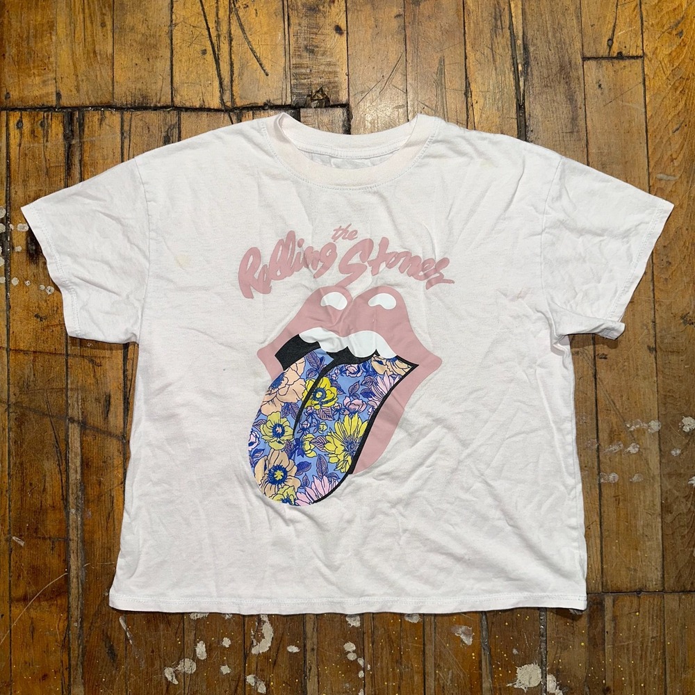 The Rolling Stones T-Shirt Women's L‎ White Floral Tongue Short Sleeve Crew Neck